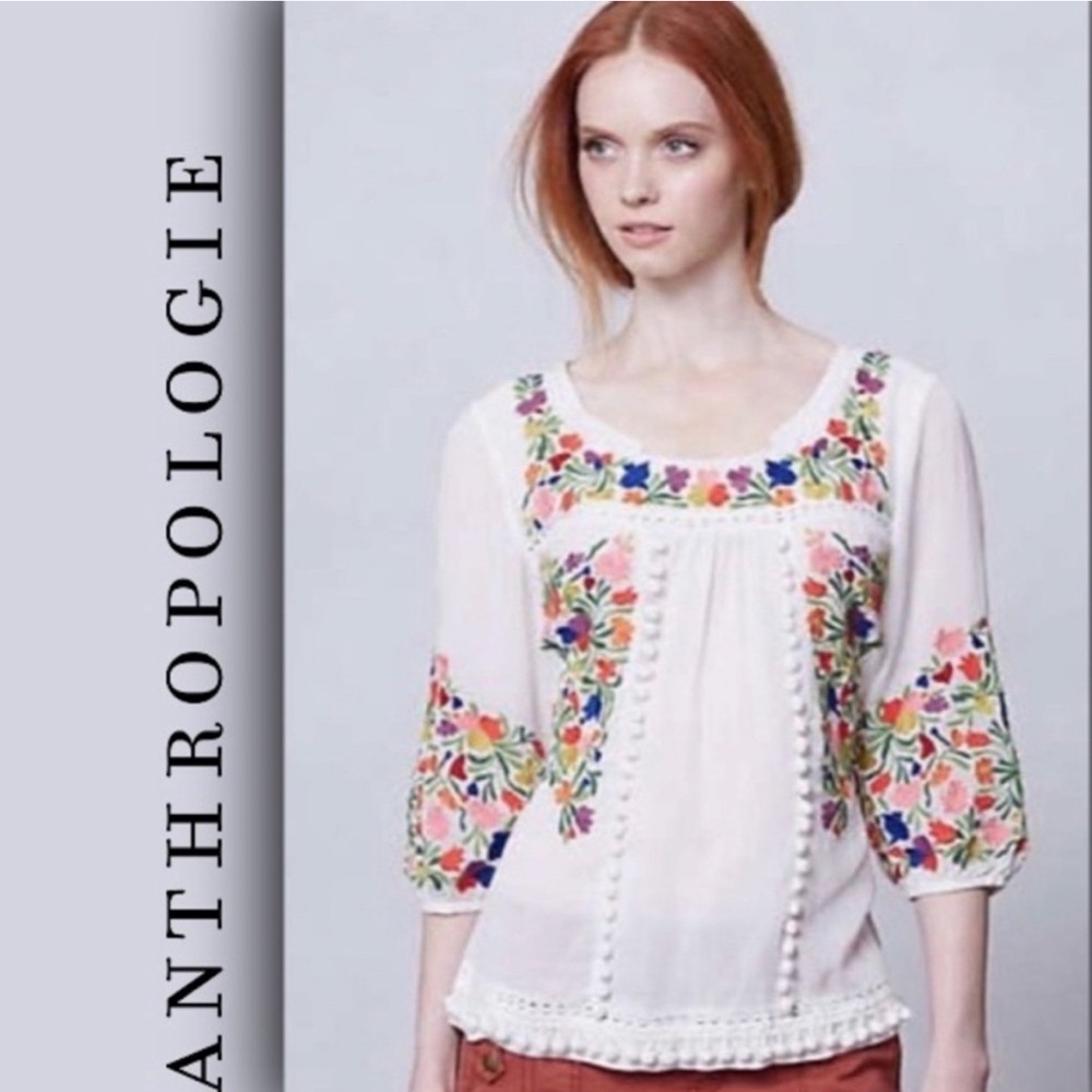 Anthropologie Vanessa Virginia Peasant Top Embroidered Blouse Pom Poms, Size 2